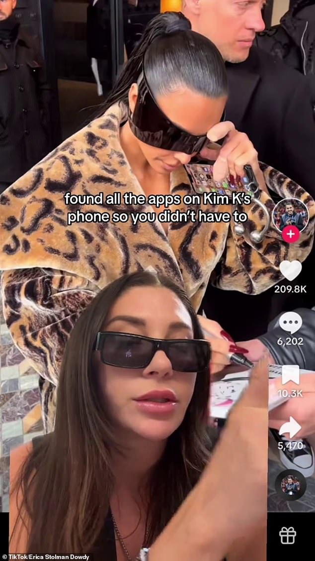 Internet sleuth Erica Stolman Dowdy (left) has revealed the surprising apps that Kim Kardashian has on her phone, after the reality star accidently revealed her mobile screen to photographers at Paris Fashion Week