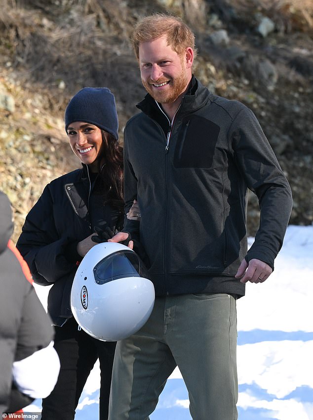 Harry enjoyed a skiing holiday last week in Aspen with super-wealthy new pals. Pictured: Harry and Meghan skiing in Whistler, Canada, in February