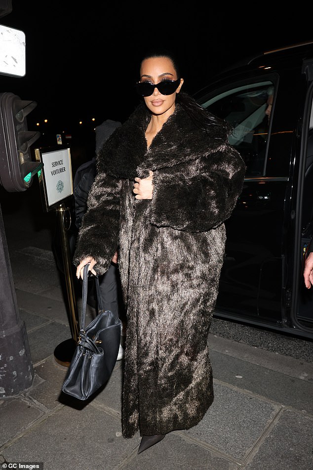 It comes after Kim exuded glamour in a black faux-fur coat as she stepped out for dinner on Sunday