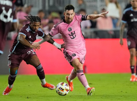 Inter Miami forward Lionel Messi (10), front right, vies with Colorado Rapids forward Kimani Stewart-Baynes, left, during the second half of an MLS soccer match, Saturday, April 6, 2024, in Fort Lauderdale, Fla. (AP Photo/Rebecca Blackwell)