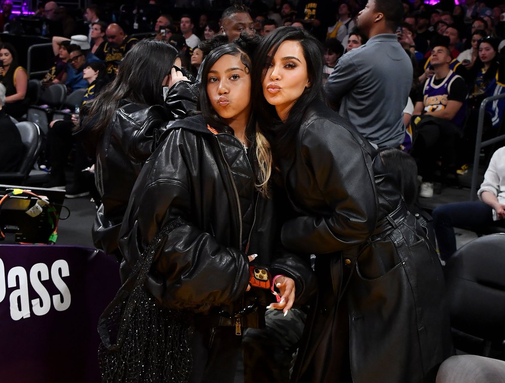 Kim Kardashian and North Match in Black Leather Looks at Lakers Game | Us  Weekly