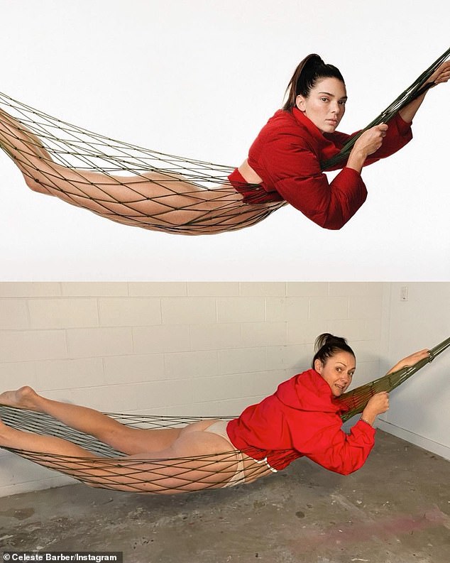 Celeste (bottom) similarly took aim at Kendall Jenner (top) in June 2022 by spoofing the model's underwear-clad pose in a hammock