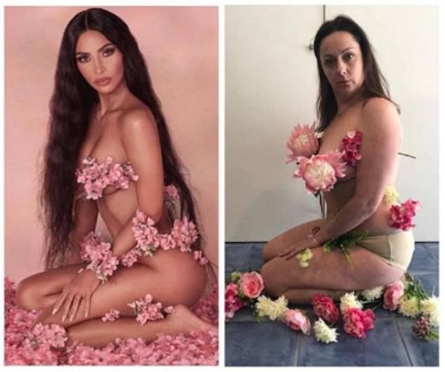 Celeste (right) shared a hilarious parody of  Kim Kardashian's (left) nude, flower covered photo shoot back in September 2018