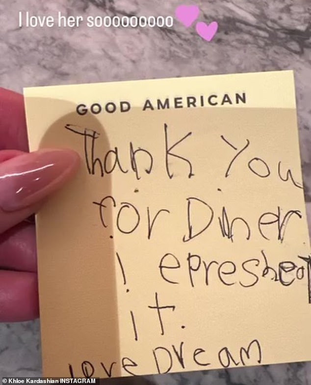 Her outing comes after Khloe shared a heartwarming Insta Story of a thank-you note she received from her niece Dream Kardashian, seven