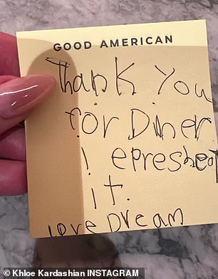 In an added touch of class, Dream wrote her gracious note on yellow stationery from her Auntie KoKo's Good American brand