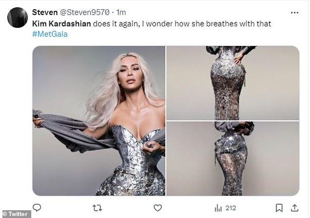Another made referenced to the body transformations the SKIMS founder has undergone for previous Met Galas. They wrote: 'Kim Kardashian does it again, I wonder how she breathes with that #MetGala'