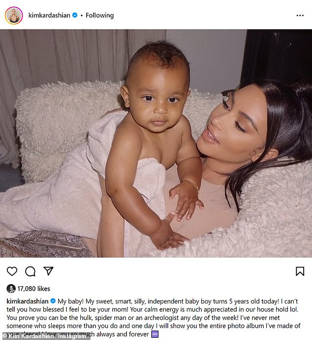 Kim shared a loving post for her youngest child: 'My baby! My sweet, smart, silly, independent baby boy turns 5 years old today!' she gushed on Instagram