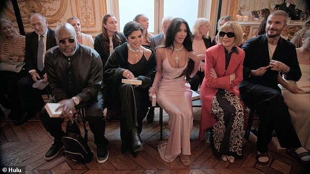 Disaster struck when Kim Kardashian , mother Kris Jenner and partner Corey Gamble got stuck in traffic on their way to the show, resulting in them being 20 minutes late (pictured with Anna Wintour and David Beckham)