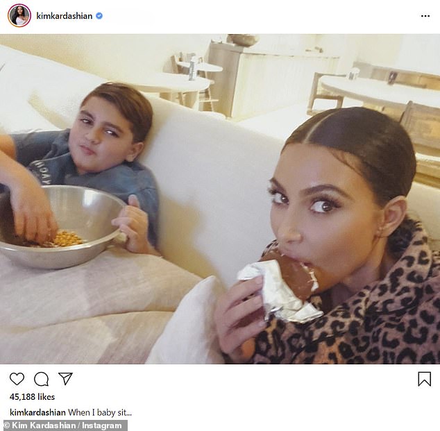 As of Tuesday, Mason has just three posts, which feature himself friends, as well as his siblings Penelope, 11, and 9-year-old Reign (pictured with Kim in a post shared on her account)