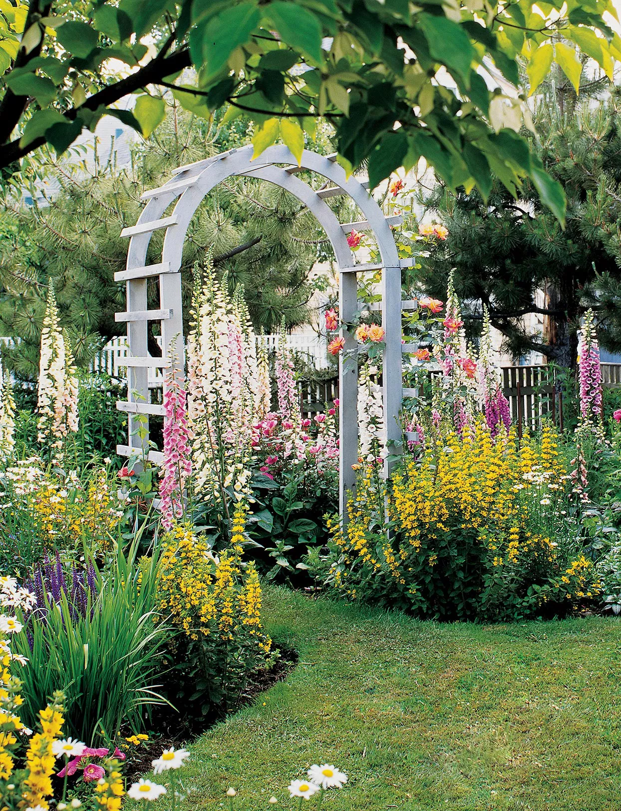 simple white painted curved arbor in flower garden