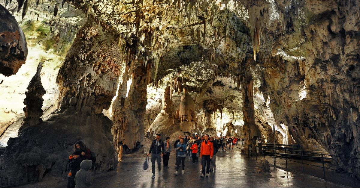 Stalactites and stalagmites inside the Postojna cave Slovenia