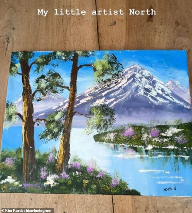 'My little artist': Back in 2021, Kim proudly posted then seven-year-old North's Bob Ross-style landscape oil painting of a mountain range, river, grassy land, and trees