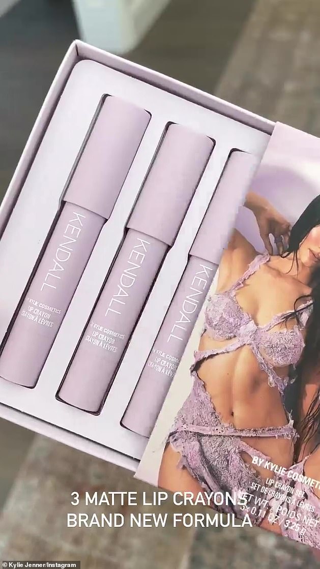 Pretty: Inside the packaging were three lilac matte crayons with Kendall's name on them
