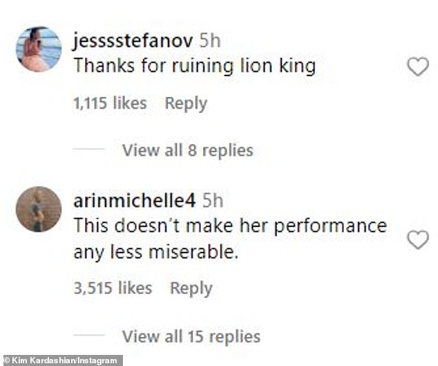 One upset fan of the classic movie sarcastically thanked Kim for 'ruining lion king,' while another claimed the controversy over Kim allegedly upstaging North didn't make the young girl's 'performance any less miserable'