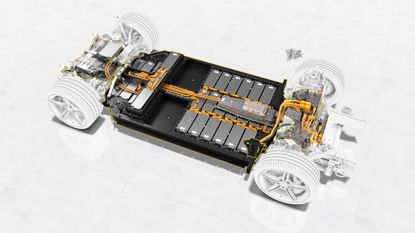 Batteries are in the floor, with electric drive motors on the front and rear axles