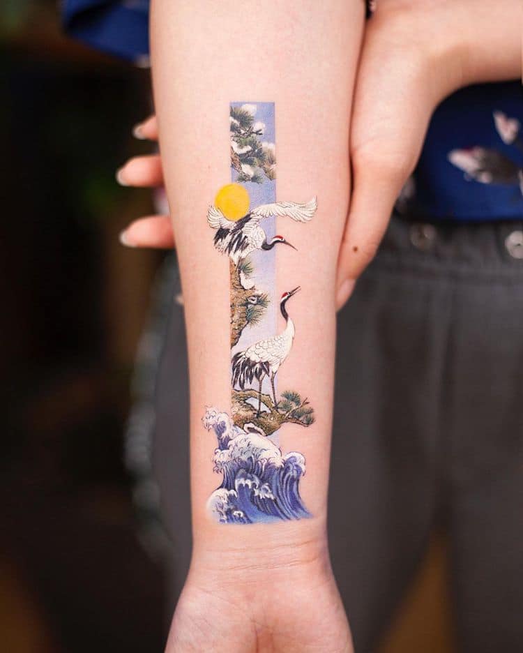 Rectangular Tattoo Art Inspired by Traditional Chinese Paintings