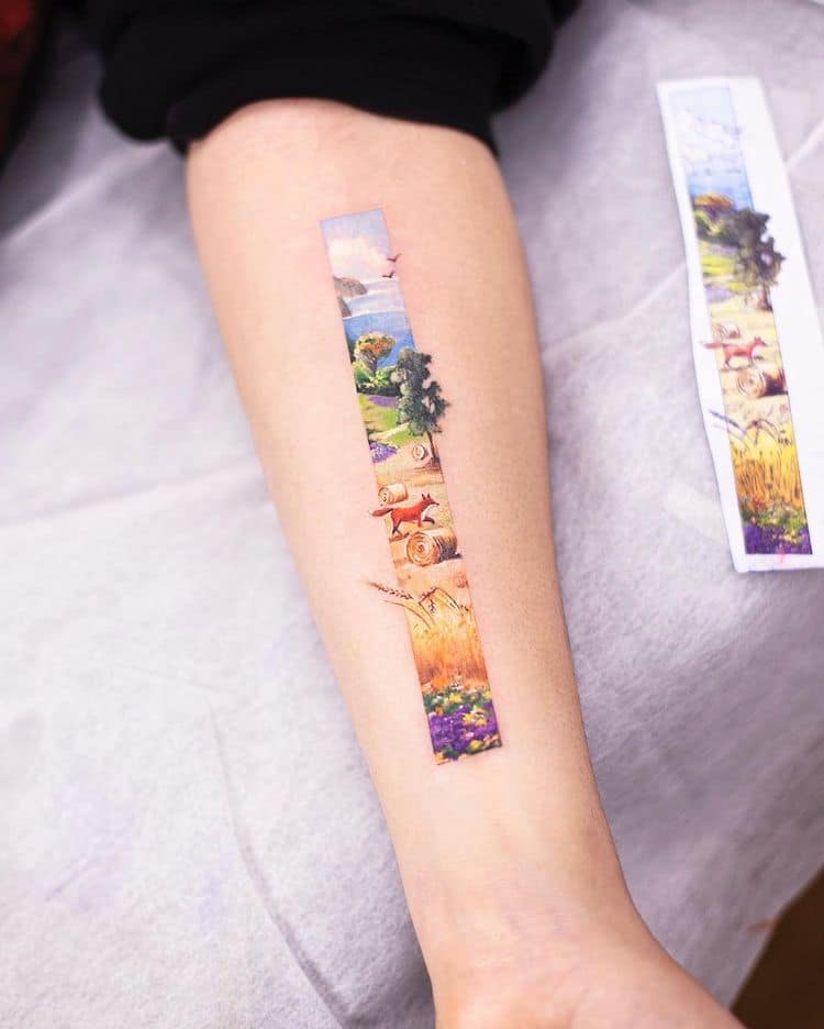 Rectangular Tattoo Art Inspired by Traditional Chinese Paintings