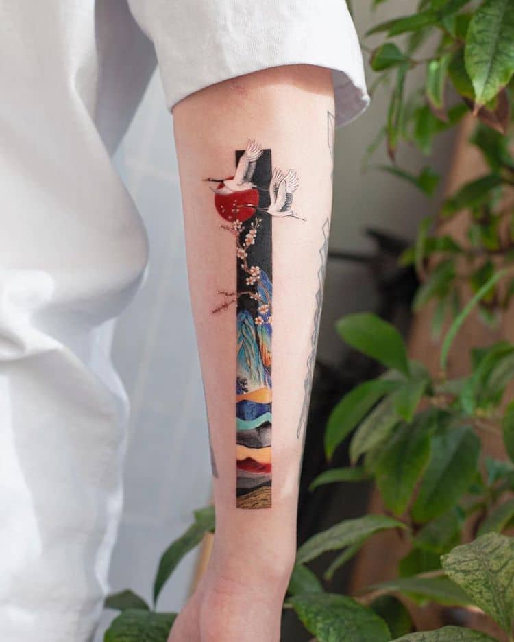 Rectangular Tattoo Art Inspired by Traditional Chinese Paintings