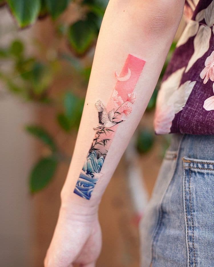 Rectangular Tattoo Art Inspired by Traditional Chinese Paintings