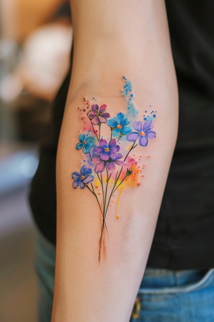 A vibrant display of purple and blue flowers is complemented by a watercolor background in warm yellow and orange tones. The flowers are intricately detailed, with each petal carefully shaded to create a lifelike effect. The splashes of color around the flowers add a dynamic and artistic touch, making the tattoo visually striking.