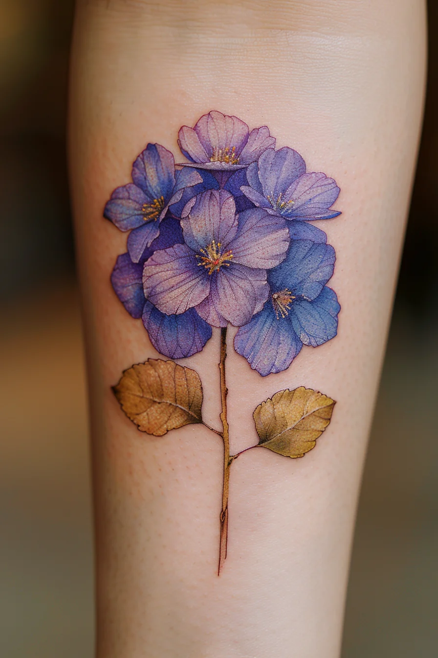 A cluster of delicate purple flowers paired with muted green leaves creates a sophisticated and charming design. The petals are intricately shaded, giving the flowers a soft and realistic appearance. The simple yet elegant arrangement makes this tattoo a timeless piece, perfect for those who appreciate subtle beauty.