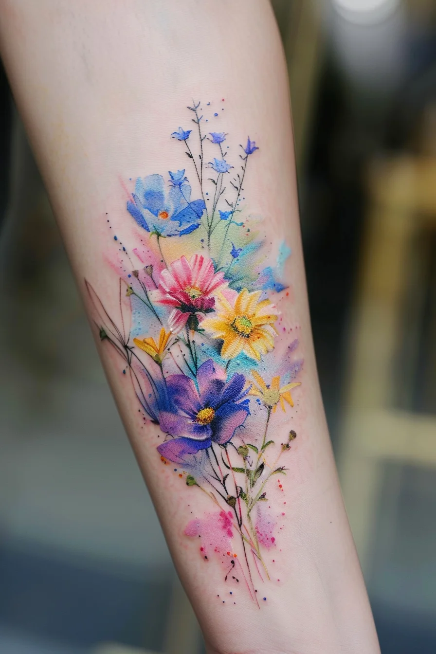 A mix of colorful flowers including blue, pink, yellow, and purple blooms forms a stunning design. The flowers are detailed with intricate lines and soft shading, creating a realistic look. The watercolor effect in the background adds depth and a dreamy quality, making the flowers appear as if they're floating.